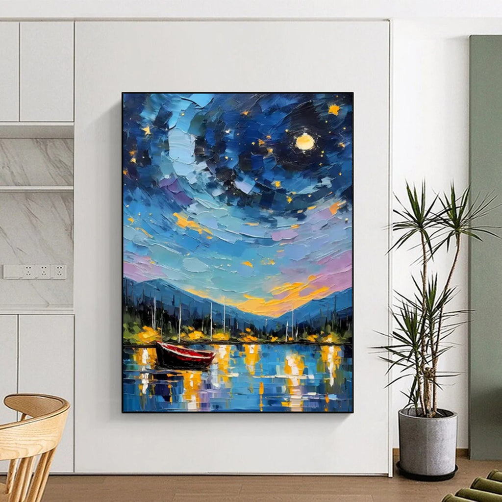 “Colorful Impasto Night Sky Harbor” - Impasto Landscape Painting On Canvas PT1886