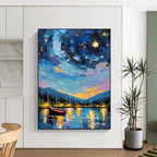 “Colorful Impasto Night Sky Harbor” - Impasto Landscape Painting On Canvas PT1886