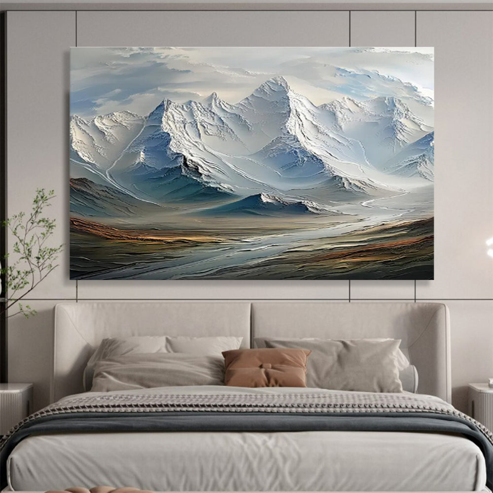 “Snowy Mountain Majesty” - White, Blue & Gray Landscape, Hyper - Realistic Oil Painting On Canvas DKS728