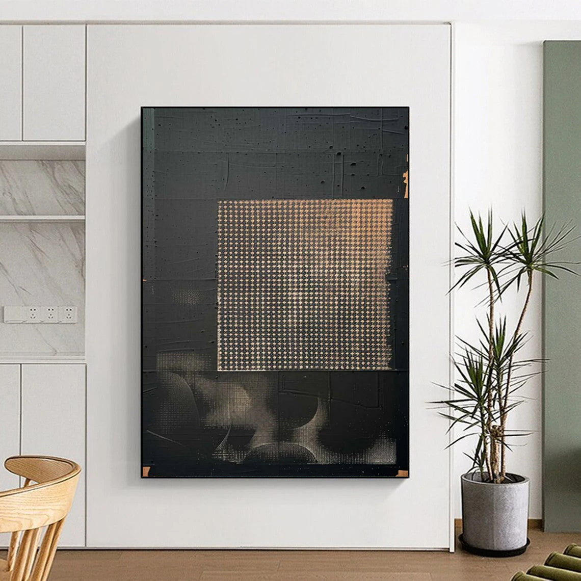 “Black & Gold Grid Abstract” - Geometric Abstract Painting On Canvas DS306