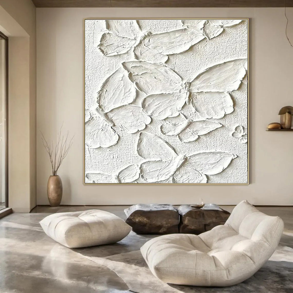 White with Textured Butterflies "Whimsical Wings" Abstract Painting On Canvas PS1468