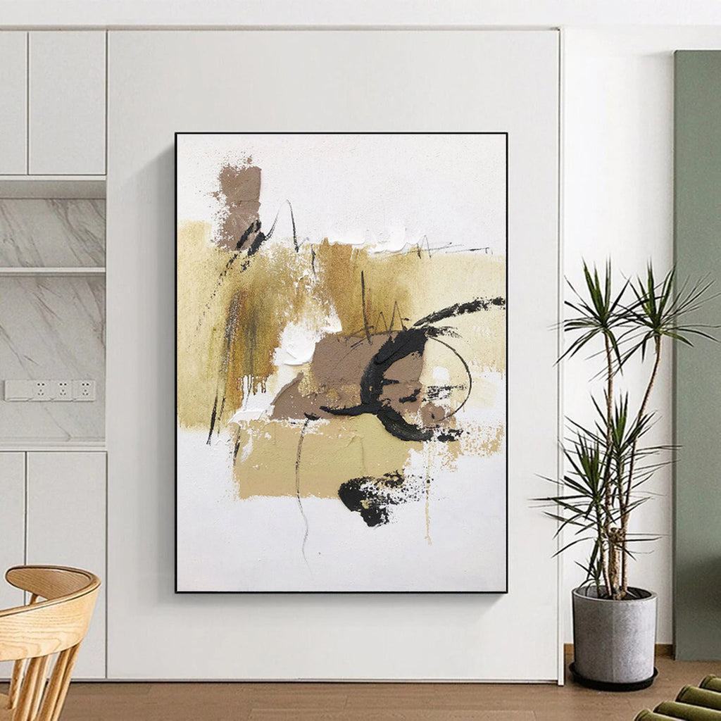 “Beige - Black Expressive Marks” - Beige, Black Abstract Painting On Canvas PS0500