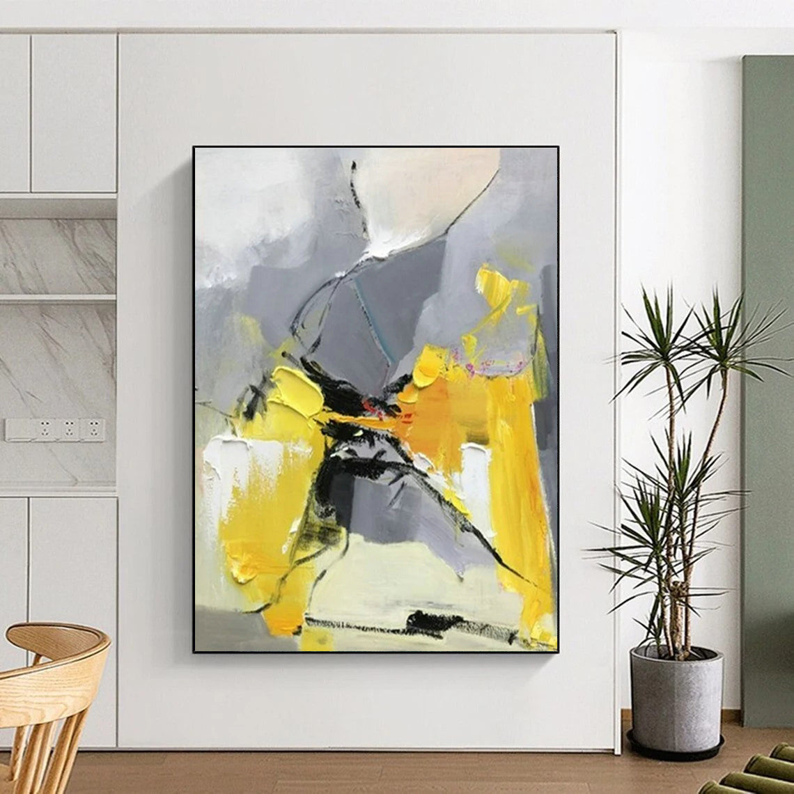 “Gray - Yellow Abstract Dance” - Gray, Yellow, Black Abstract Fluid Painting On Canvas PS0618