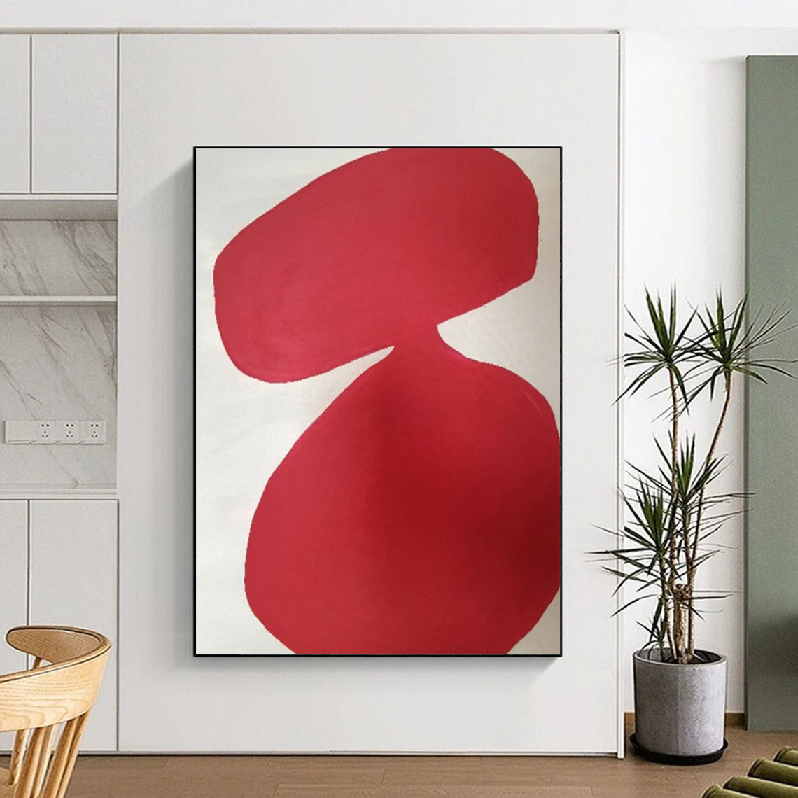 “Crimson Curved Forms on White” - Fluid Shapes Abstract Painting On Canvas PT1079