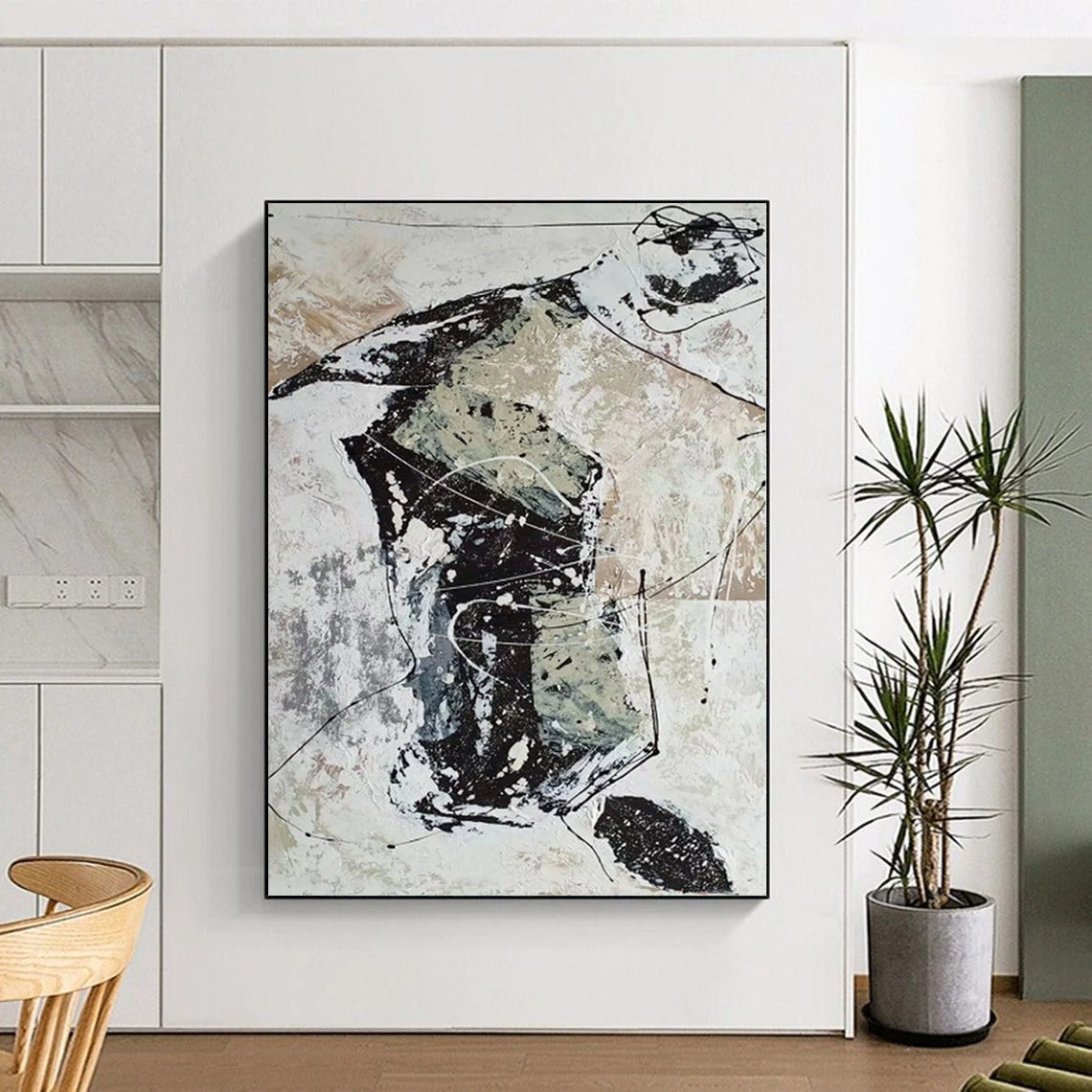 “Black - White - Grey Abstract Dynamic Forms” - Edgy Abstract Painting On Canvas PS0369