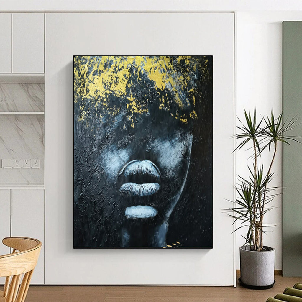 Gilded Mystery Black, White & Gold Abstract Face, Painting On Canvas PT2153