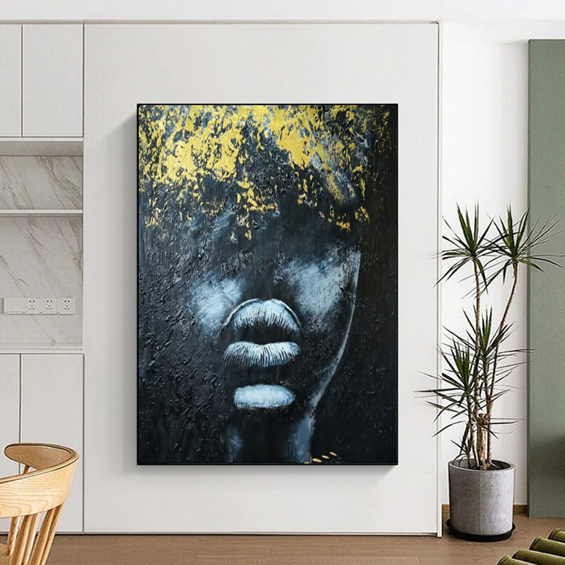 Gilded Mystery Black, White & Gold Abstract Face, Painting On Canvas PT2153