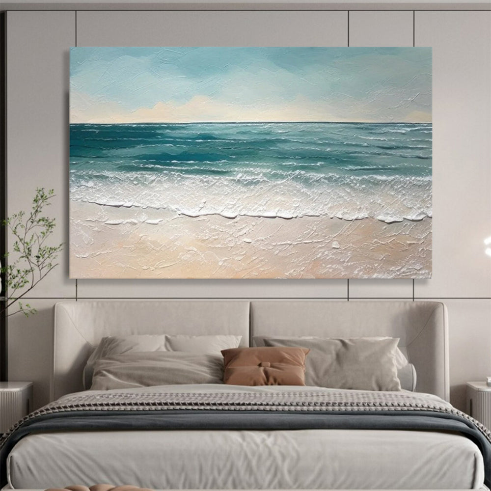 “Textured Seaside in Blues and Beiges” - Impasto Seascape Painting On Canvas PT062