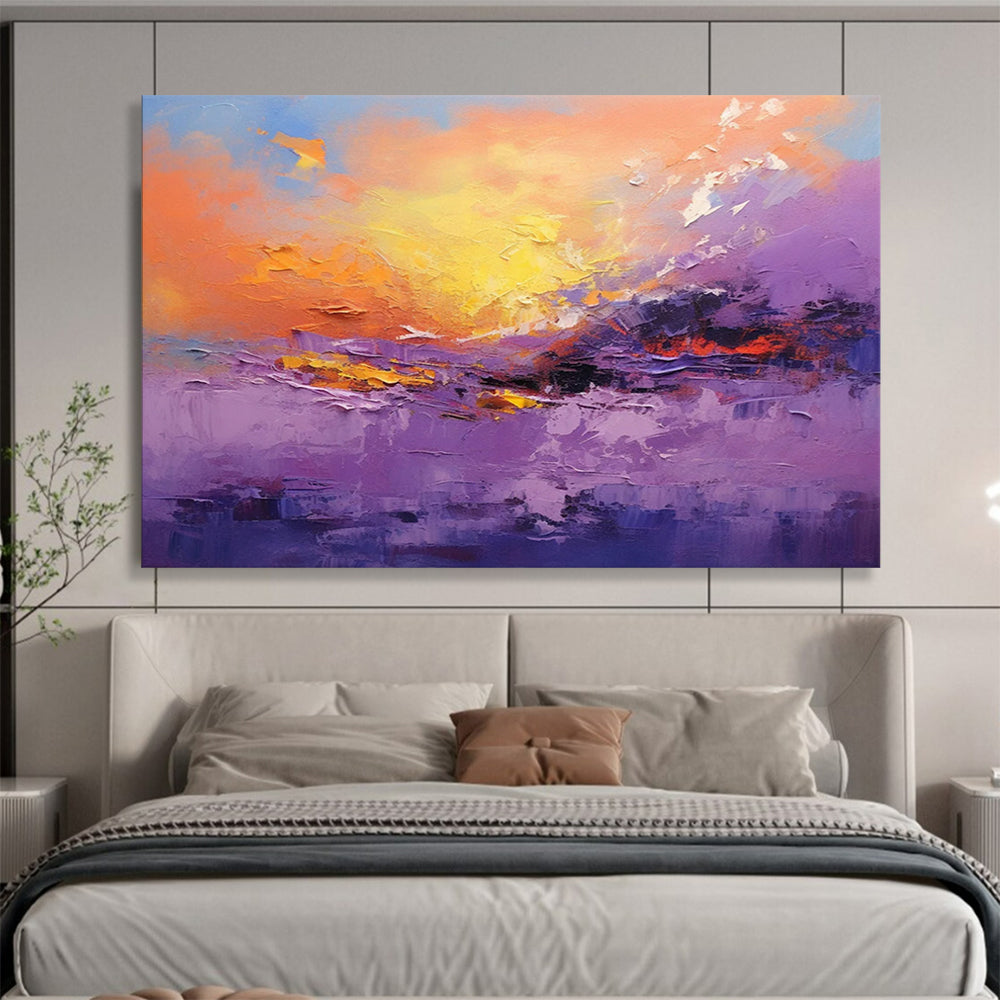 “Vibrant Purple and Orange Sunset Landscape” - Impasto Landscape Painting On Canvas PT084
