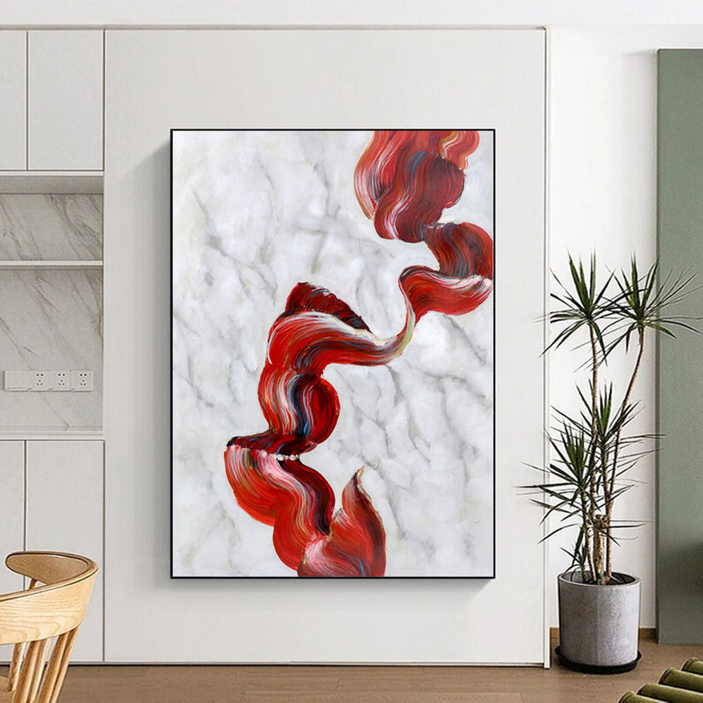 “Red - Blue - White Abstract Flowing Ribbons” - Graceful Abstract Painting On Canvas PS0307