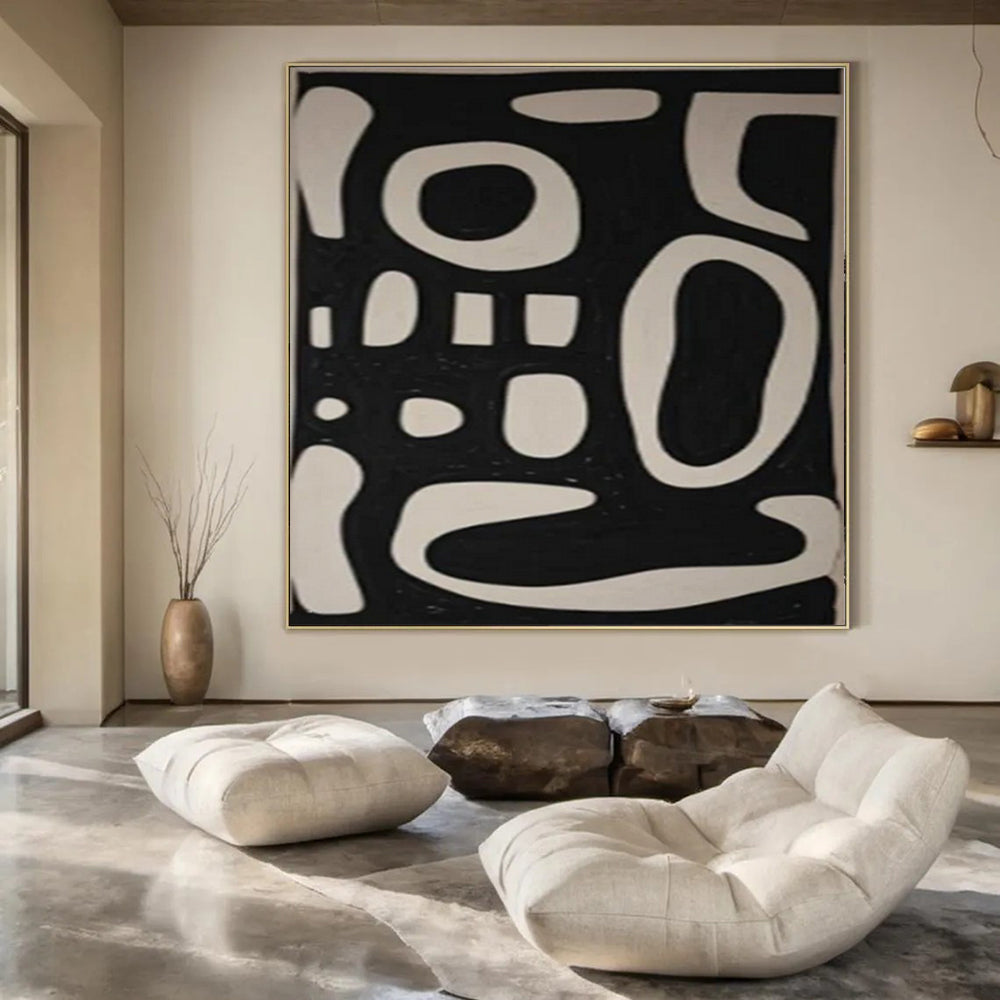 Black Background with White Curved Forms "Whimsical Silhouettes" Abstract Painting On Canvas PS1075