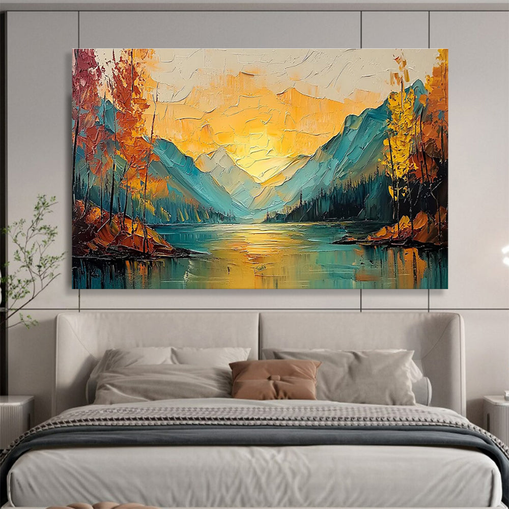 “Impasto Mountain Lake Sunset” - Impasto Oil Landscape Painting On Canvas DKS861