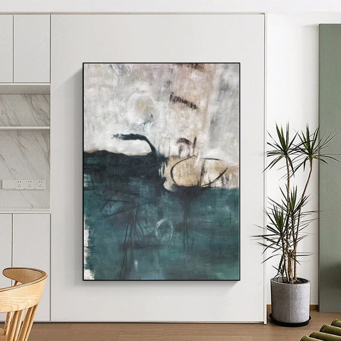“Teal - Grey Abstract Water Forms” - Moody Abstract Painting On Canvas PS0324