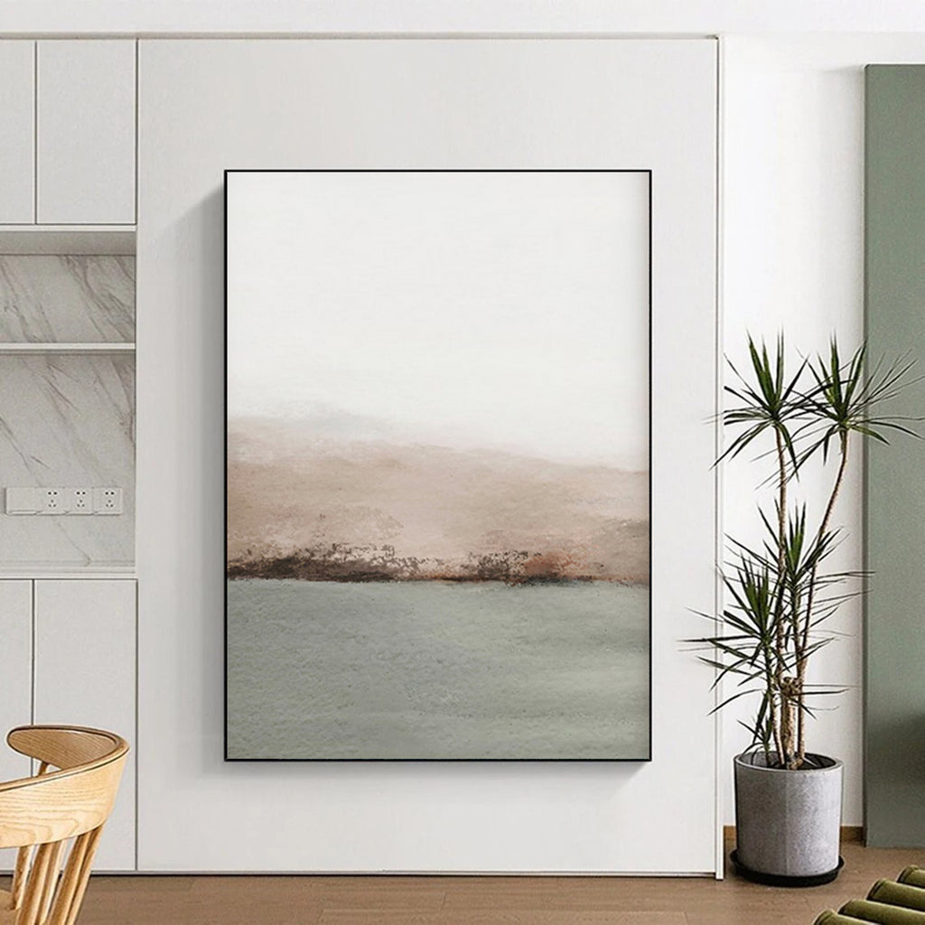 “Tiny Gray - Beige Watercolor Hills and Lake” - Watercolor Painting On Canvas PT2062