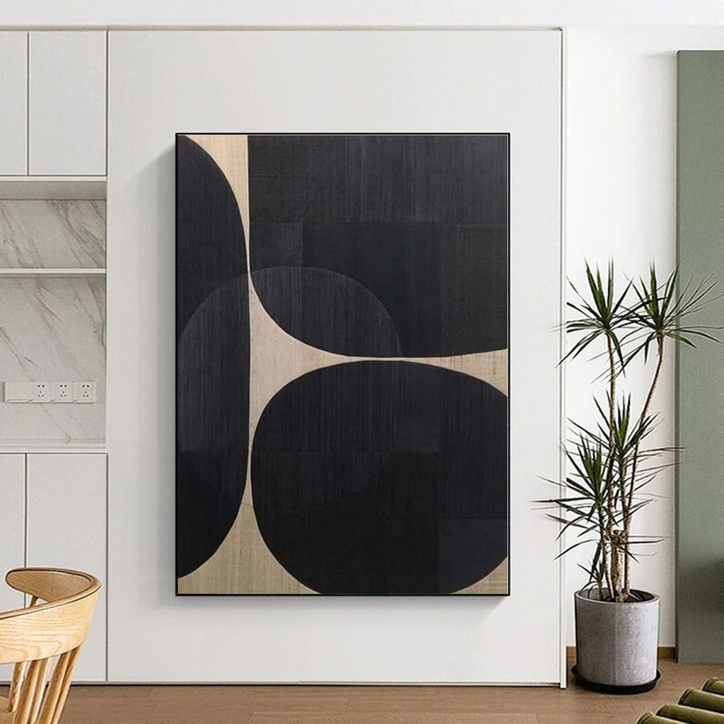 “Black - Beige Geometric Circles” - Black, Beige Abstract Geometric Painting On Canvas PS0581