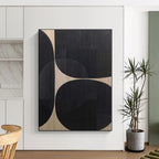 “Black - Beige Geometric Circles” - Black, Beige Abstract Geometric Painting On Canvas PS0581