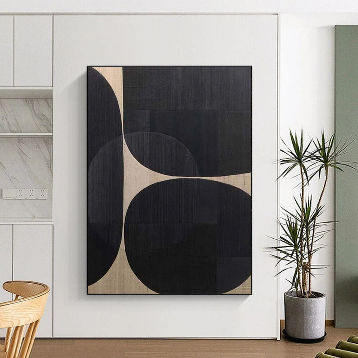 “Black - Beige Geometric Circles” - Black, Beige Abstract Geometric Painting On Canvas PS0581