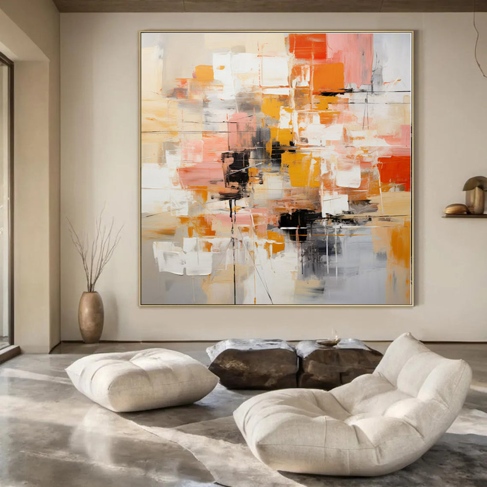 Orange, Pink, Gray, White, Black with Bold Blocks "Urban Pulse" Abstract Painting On Canvas PS1391