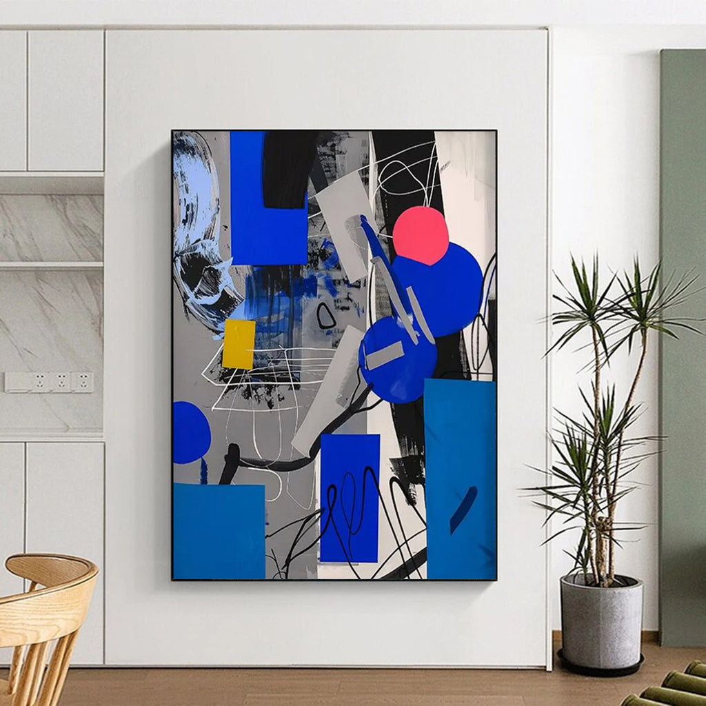 Geometric Fusion: Blue, Gray & Pink Painting On Canvas DS110