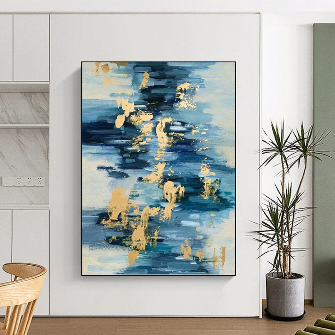 “Blue and Gold Strokes: Abstract Water - Inspired Painting” - Energetic Abstract Painting On Canvas PT0931
