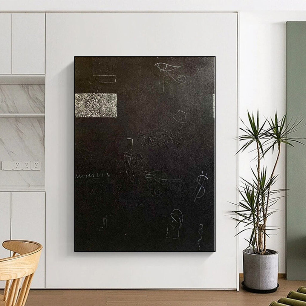 “Black - White Symbolic Abstraction” - Black, White Abstract Painting On Canvas PS0470