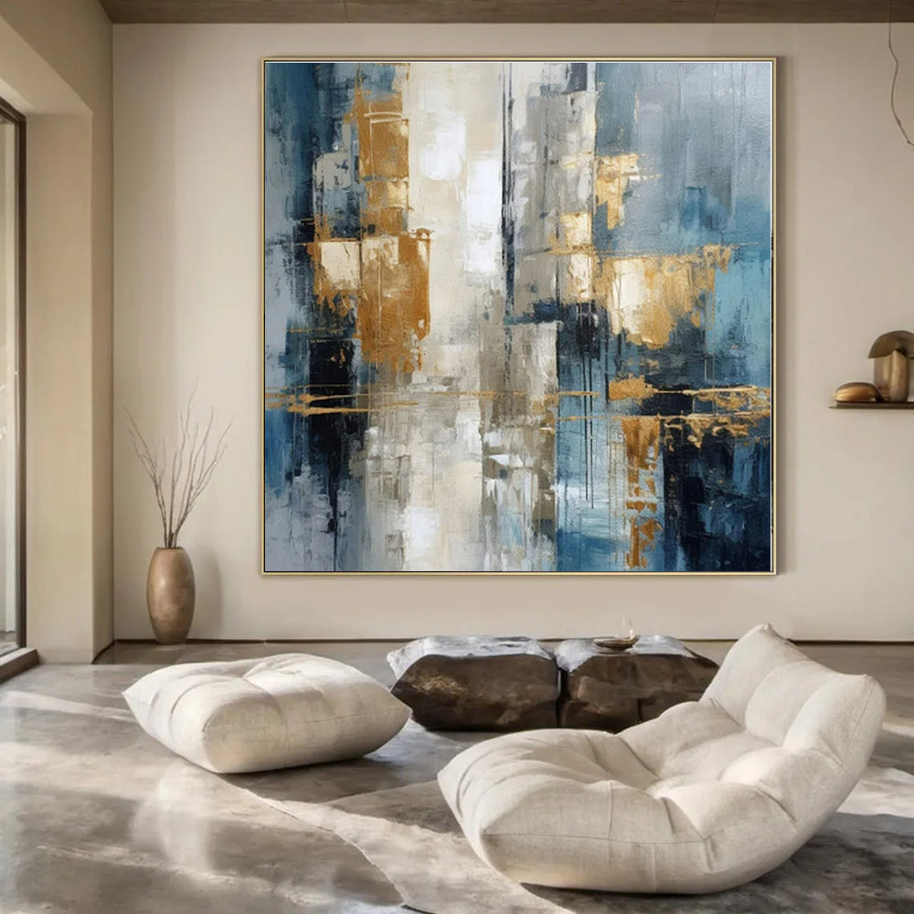 Blue, Gold, Gray with Abstract Forms "Gilded Skies" Abstract Painting On Canvas PS1257