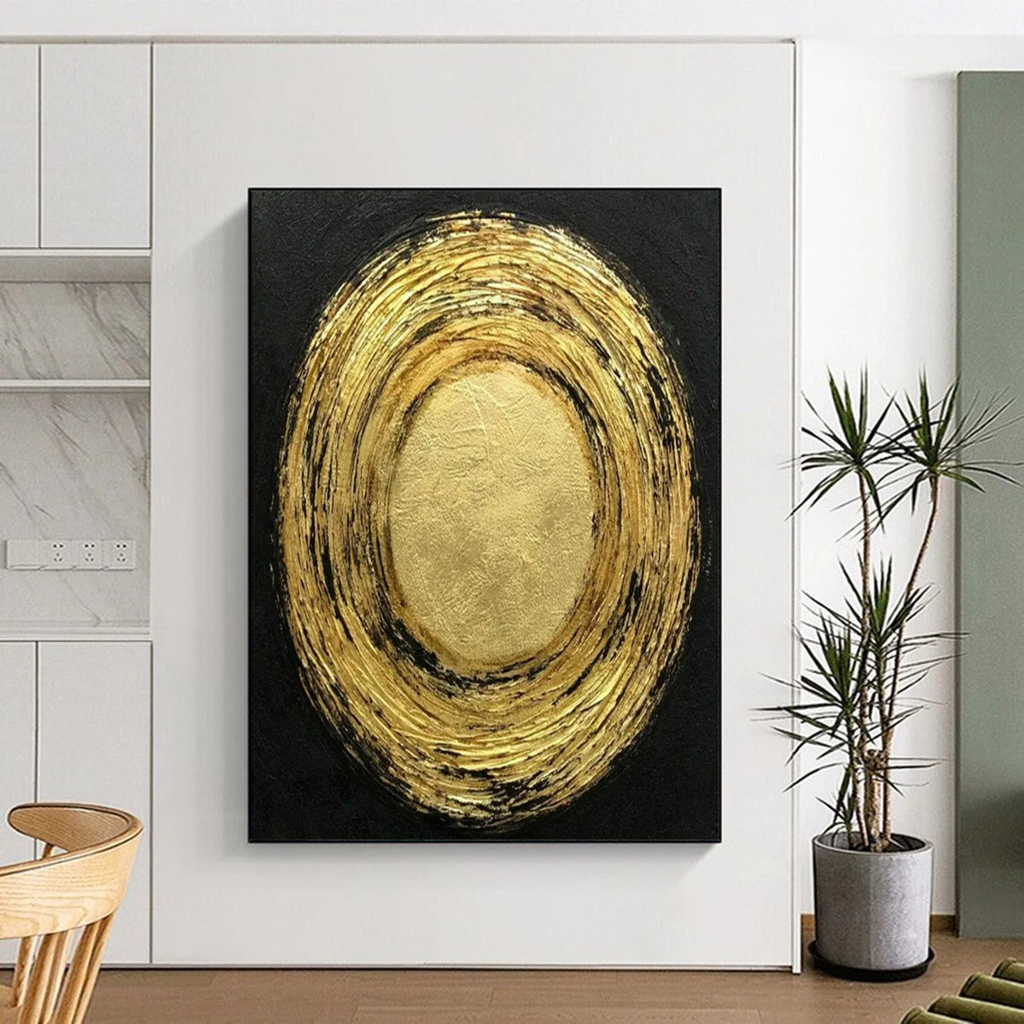 “Gold - Black Circular” - Abstract Minimalist Painting On Canvas PT2330