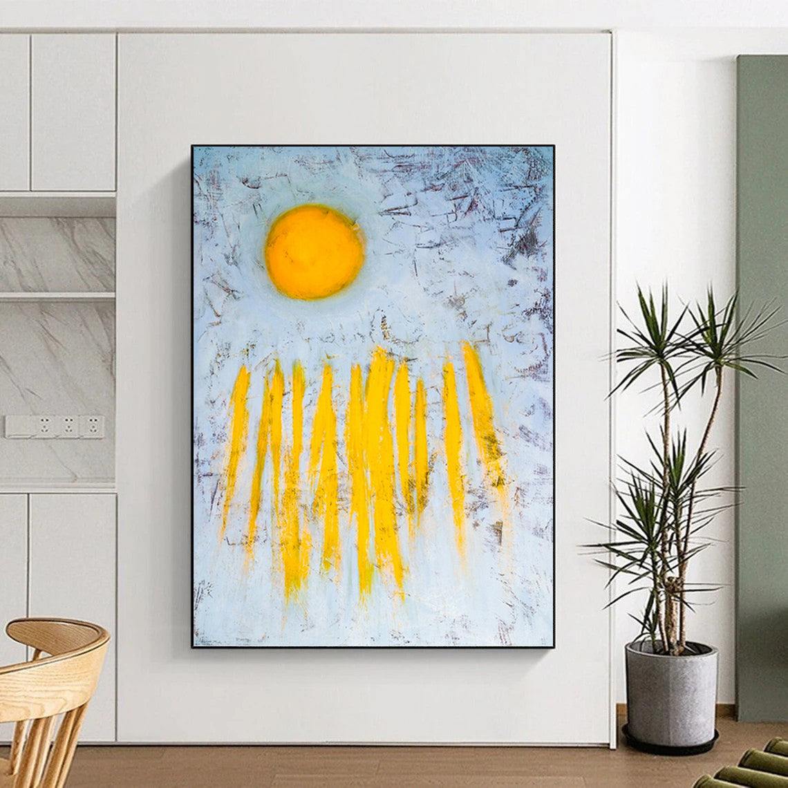 “Yellow Sun & Rays” - Bold Abstract Sun Painting On Canvas PT1089