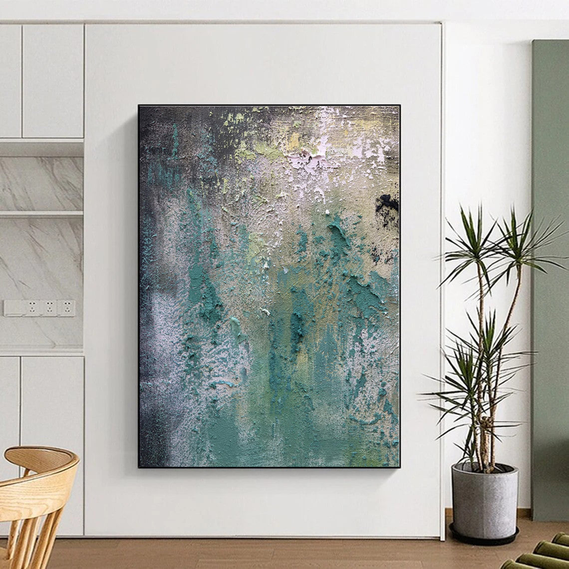 “Teal - Green Textured Wall - like” - Teal, Green, Gray Abstract Textured Painting On Canvas PS0578