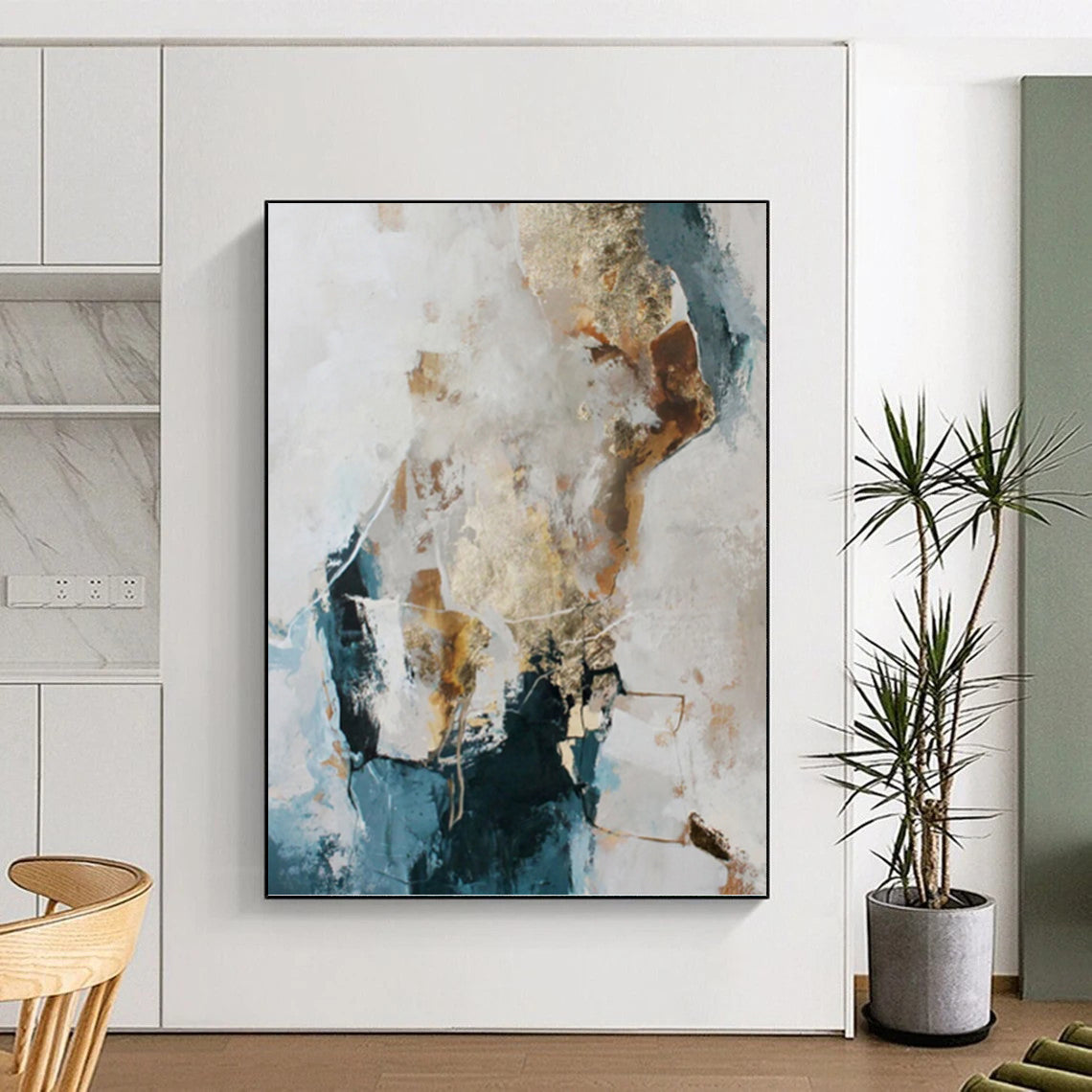 “Blue, Gold and White Abstract” - Coastal Luxe Painting on Canvas PT1010