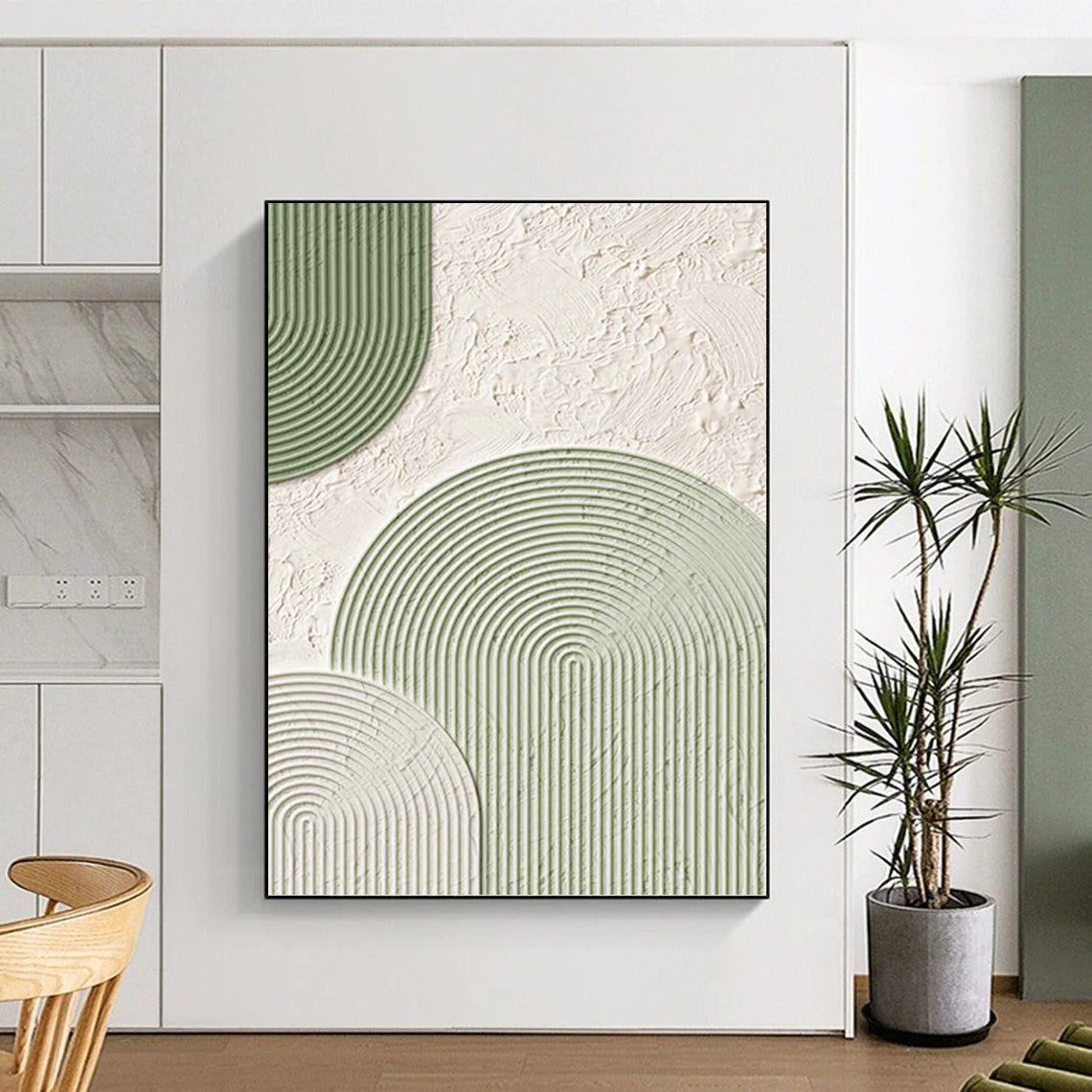 “Green and White Geometric Textures” - Modern, Abstract Painting On Canvas PT1488