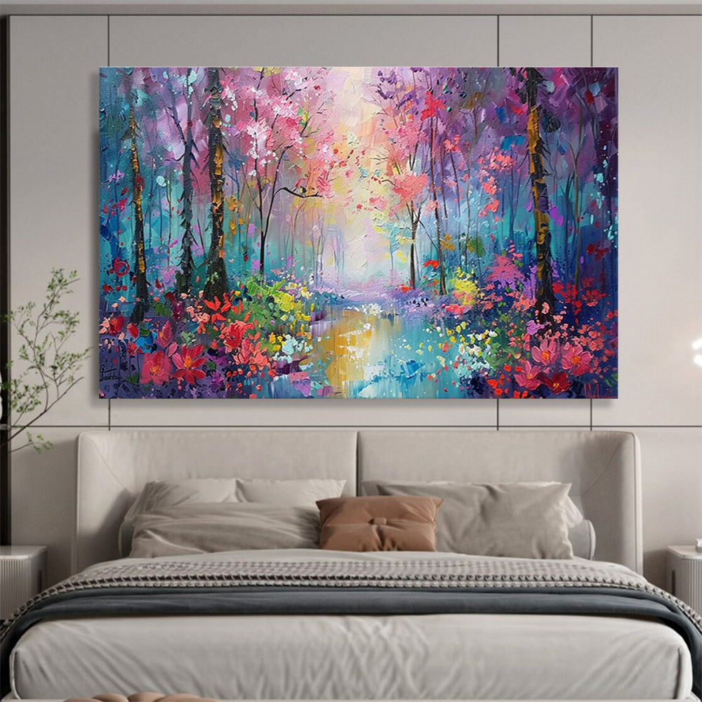 “Colorful Enchanted Forest” - Purple, Pink & Blue Landscape, Impressionistic Oil Painting On Canvas DKS765