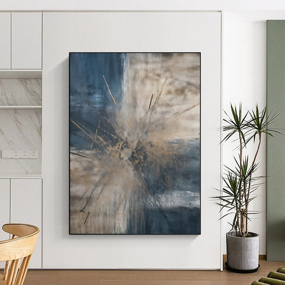 Blue - Gray - Gold Abstract Burst Painting On Canvas DS119