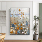 “Textured Wildflowers in Orange, Blue, and White” - Impasto Landscape Painting On Canvas PT1839