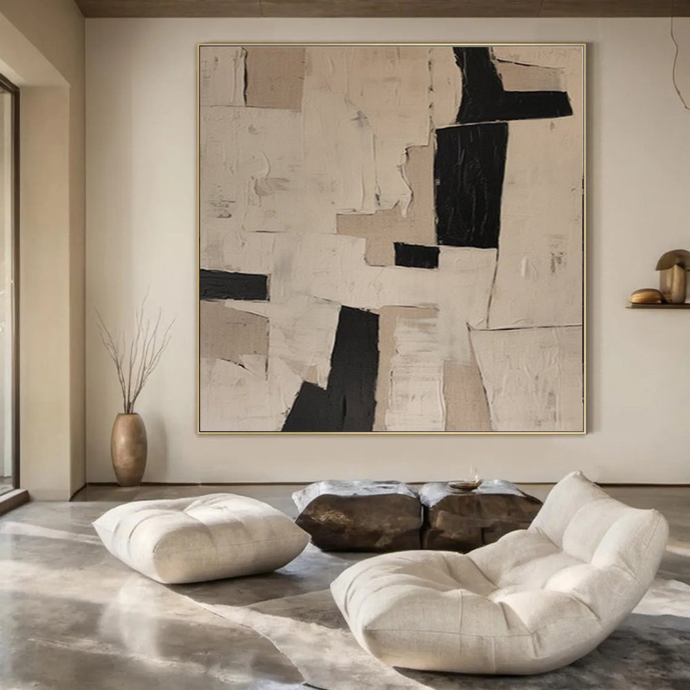 Beige and Black Collage, "Neutral Collage" – Mixed - Media Abstract On Canvas PS0952