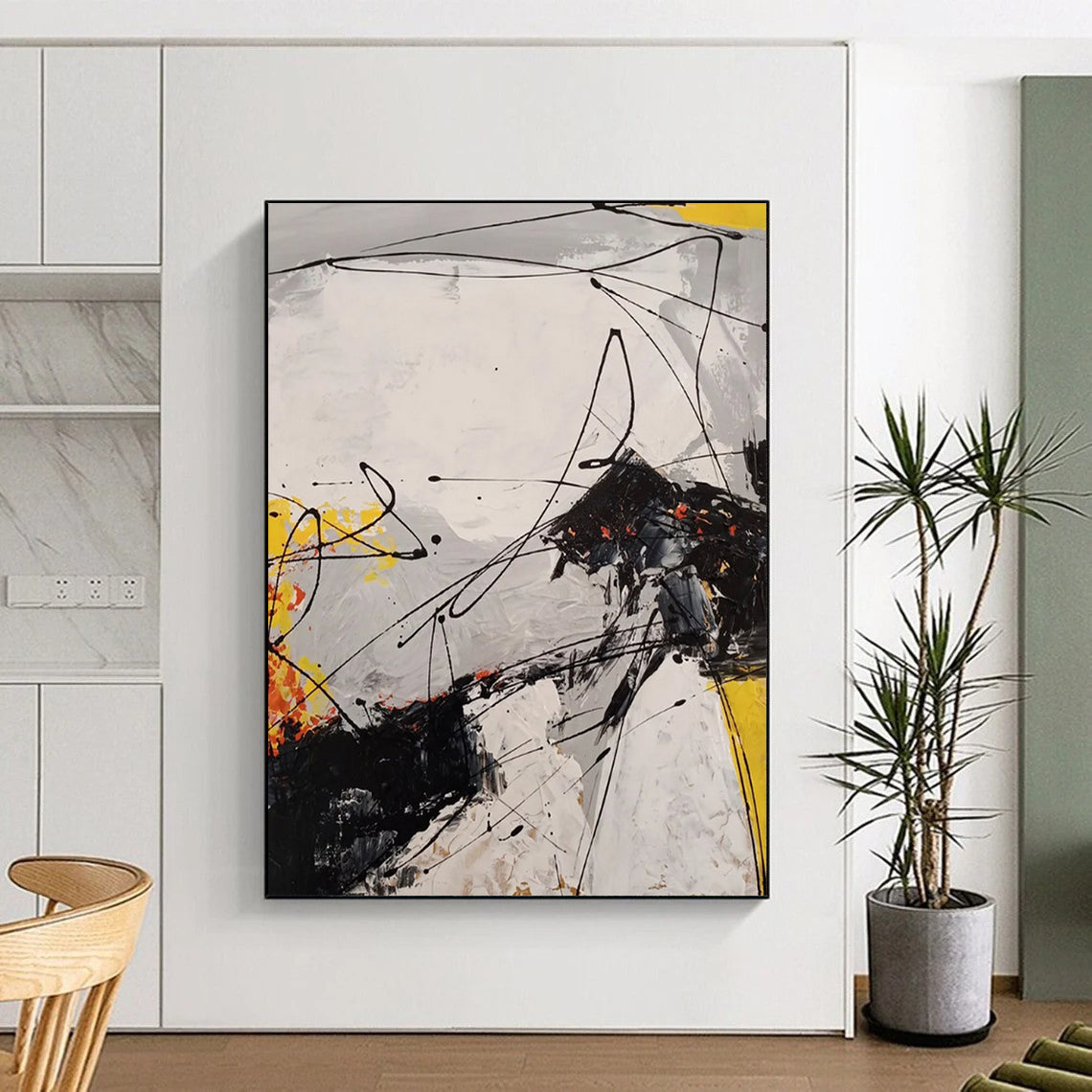 Black - White - Yellow - Orange Energetic Drips Abstract Expressionist Painting On Canvas DS054