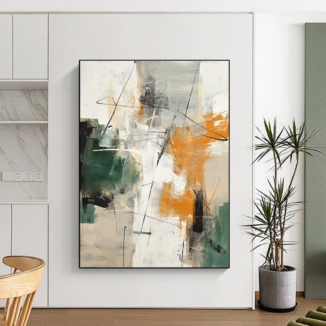 “Green - Orange - Grey Abstract Dynamic Strokes” Painting On Canvas PS0841