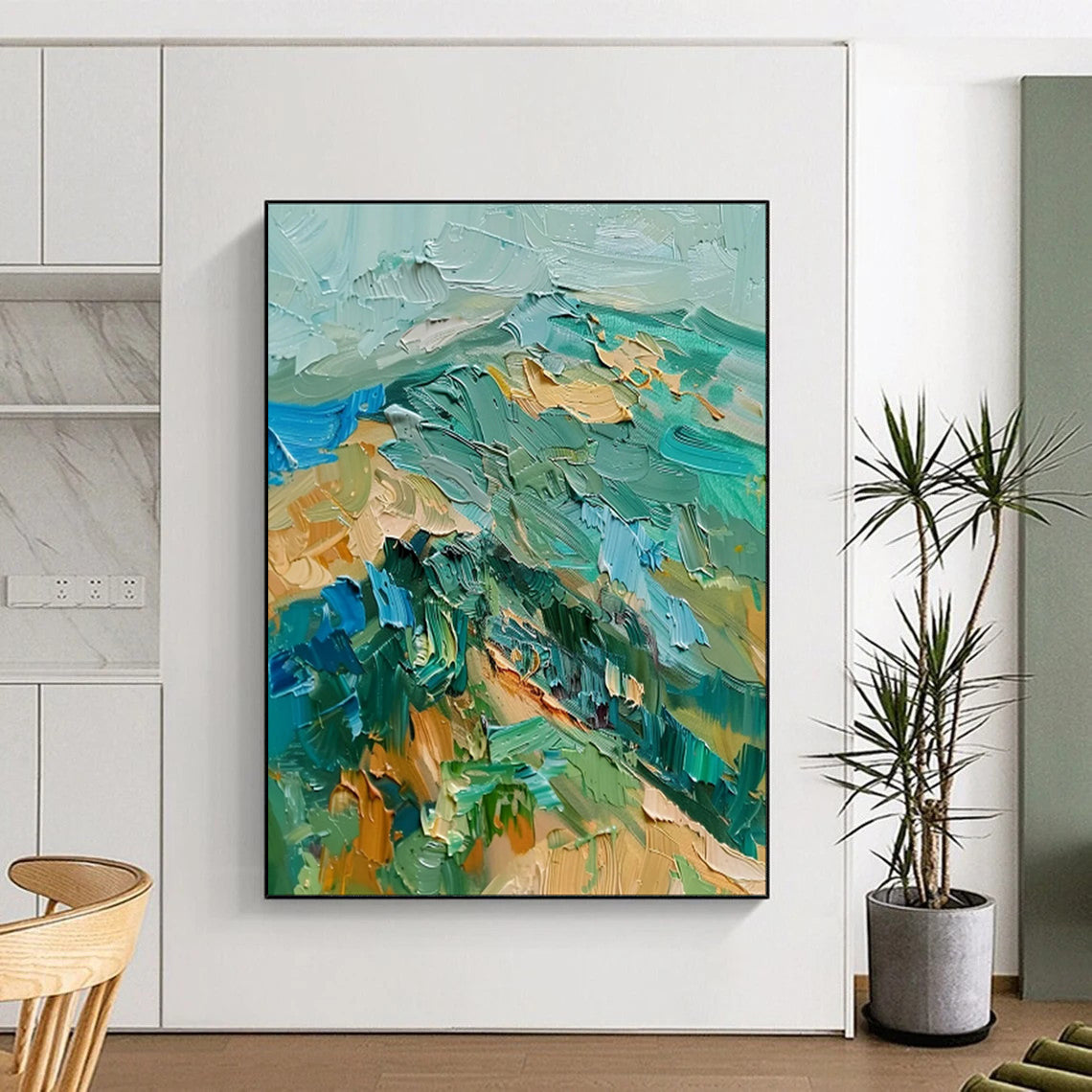 “Textured Green and Blue Impasto Landscape” - Impasto Landscape Painting On Canvas PT1938