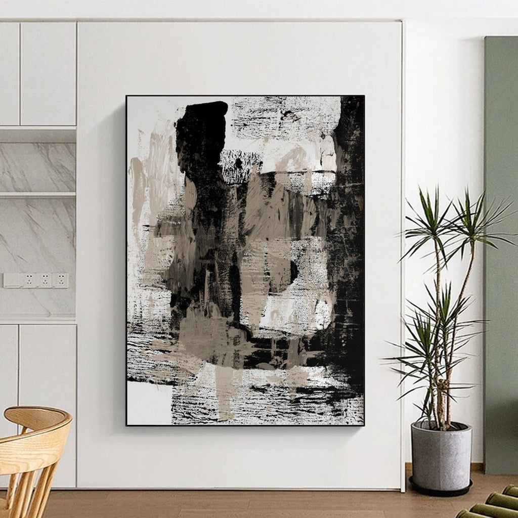 “Monochrome Textures II: Black, White, and Beige Abstract” - Dynamic Minimalist Art On Canvas PT0967