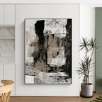 “Monochrome Textures II: Black, White, and Beige Abstract” - Dynamic Minimalist Art On Canvas PT0967