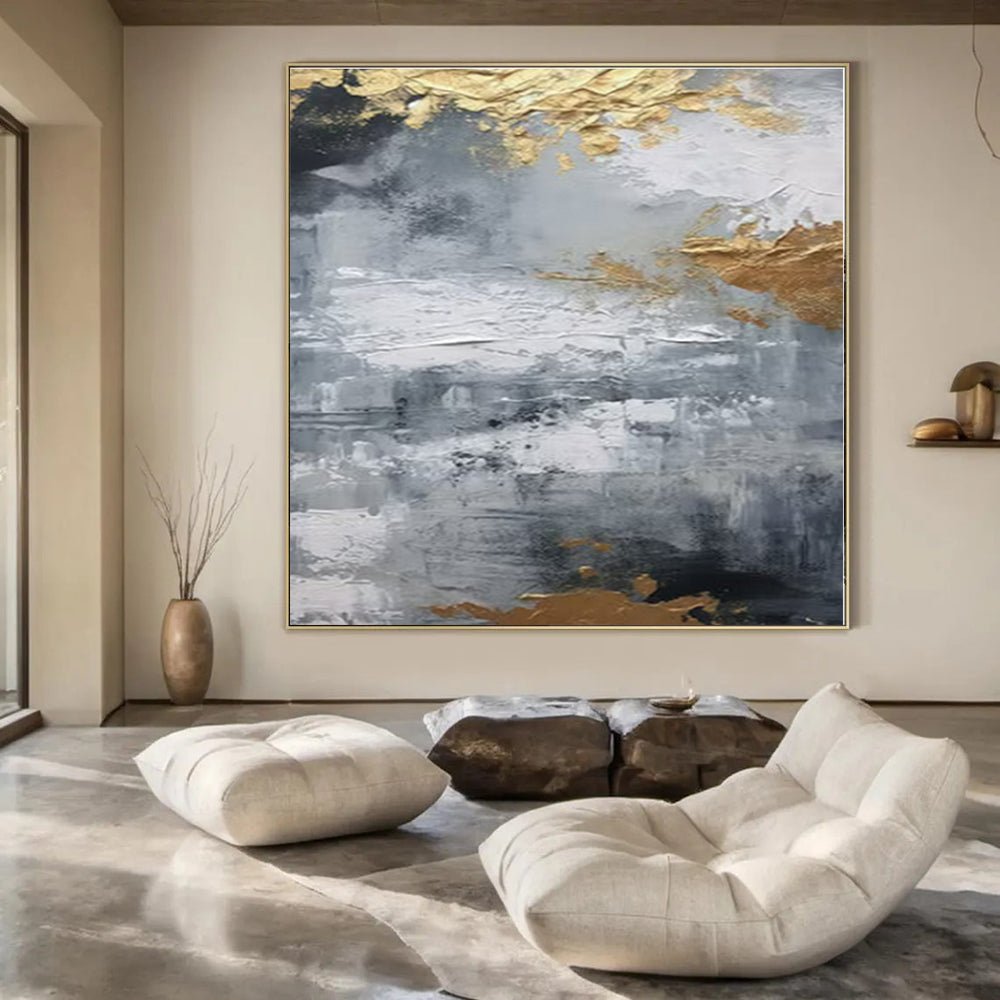 Gray, Gold, White with Textured Abstract "Textured Gilding" Abstract Painting On Canvas PS1261