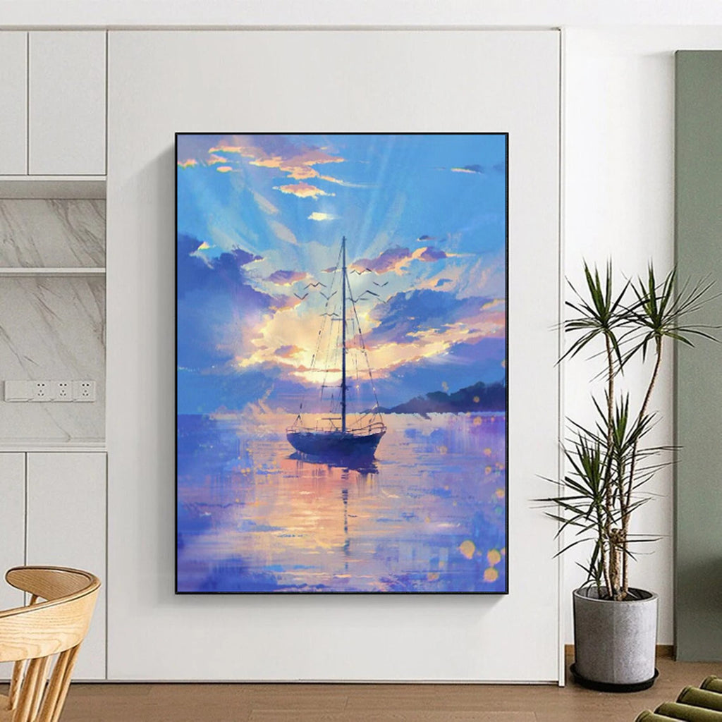 “Pastel - Hued Sailboat at Sunset” - Impressionist Seascape Painting On Canvas PT1893