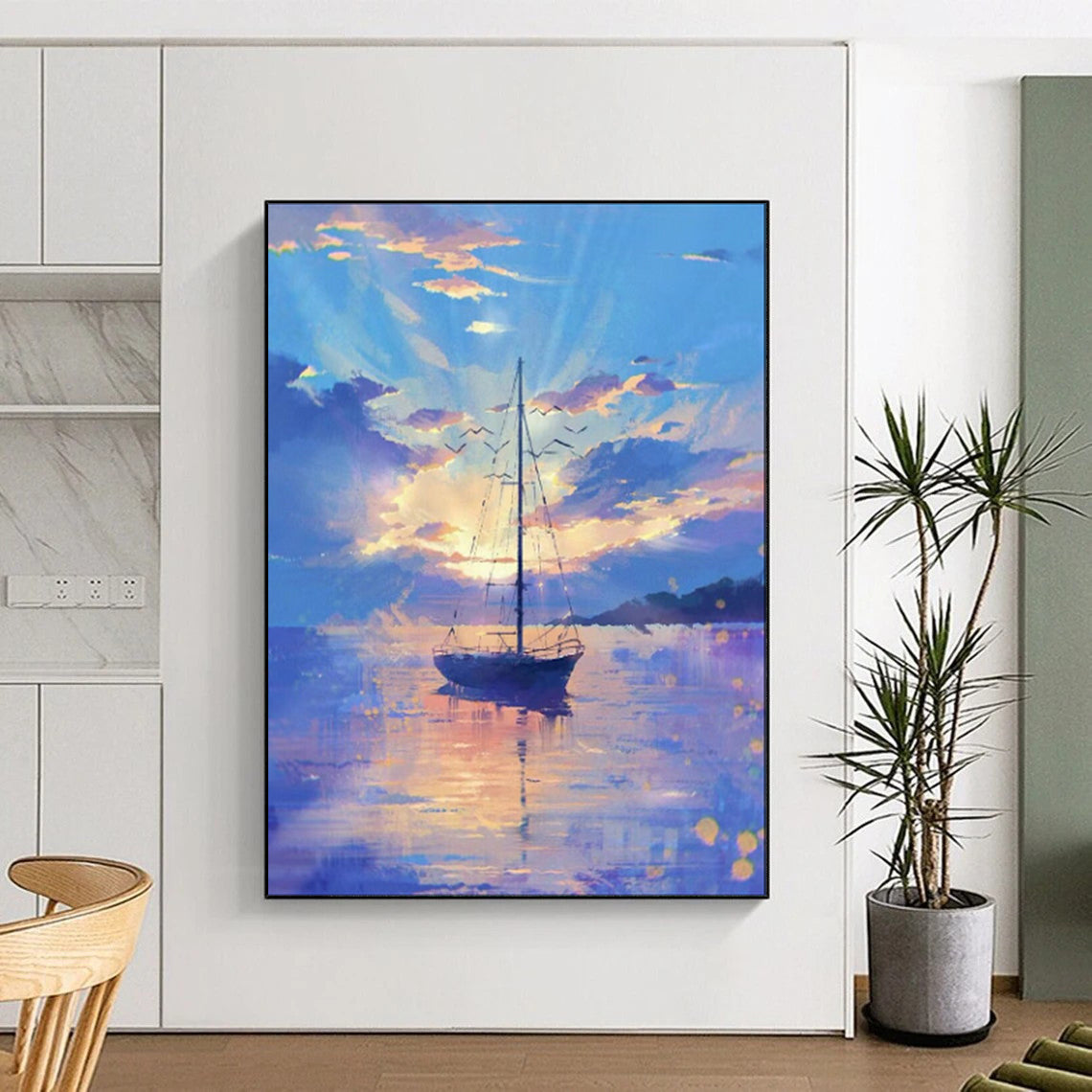 “Pastel - Hued Sailboat at Sunset” - Impressionist Seascape Painting On Canvas PT1893