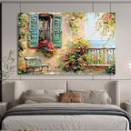 “Mediterranean Window Charm” - Green, Yellow & Red Architectural, Textured Landscape Oil Painting On Canvas DKS692