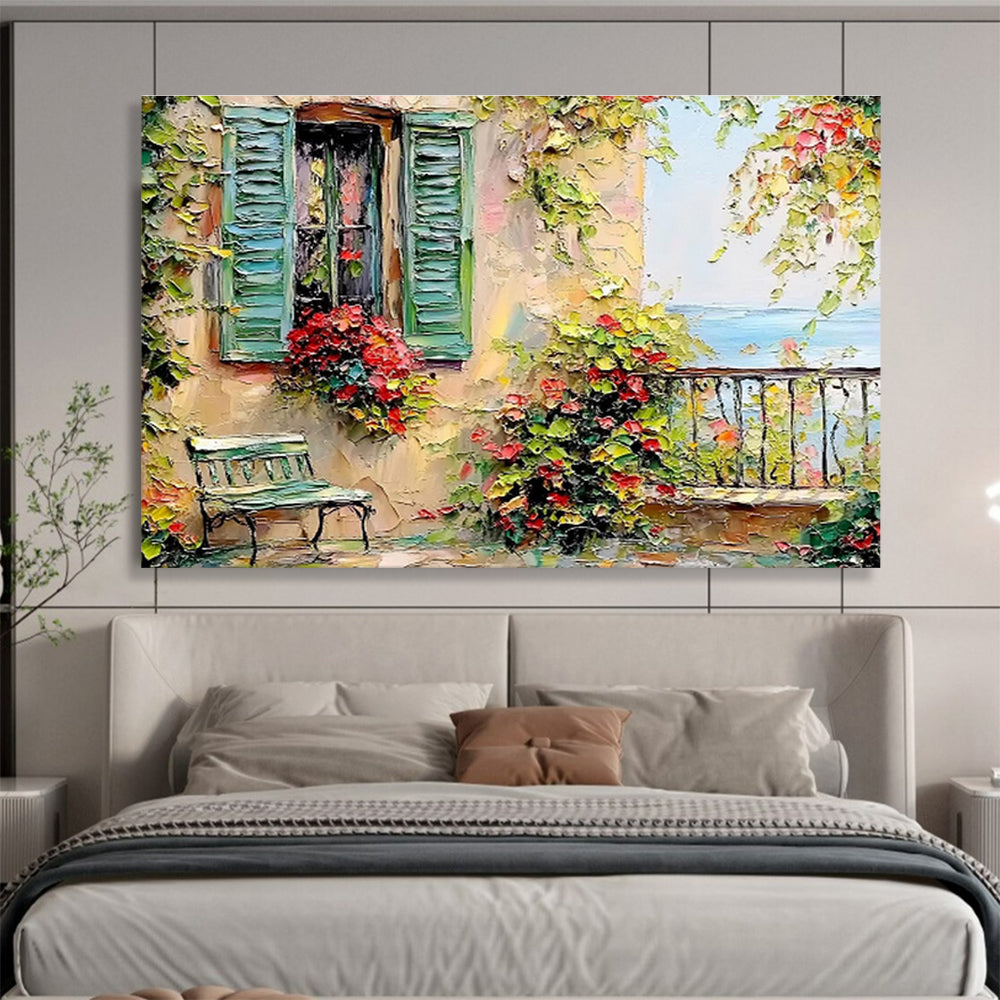 “Mediterranean Window Charm” - Green, Yellow & Red Architectural, Textured Landscape Oil Painting On Canvas DKS692