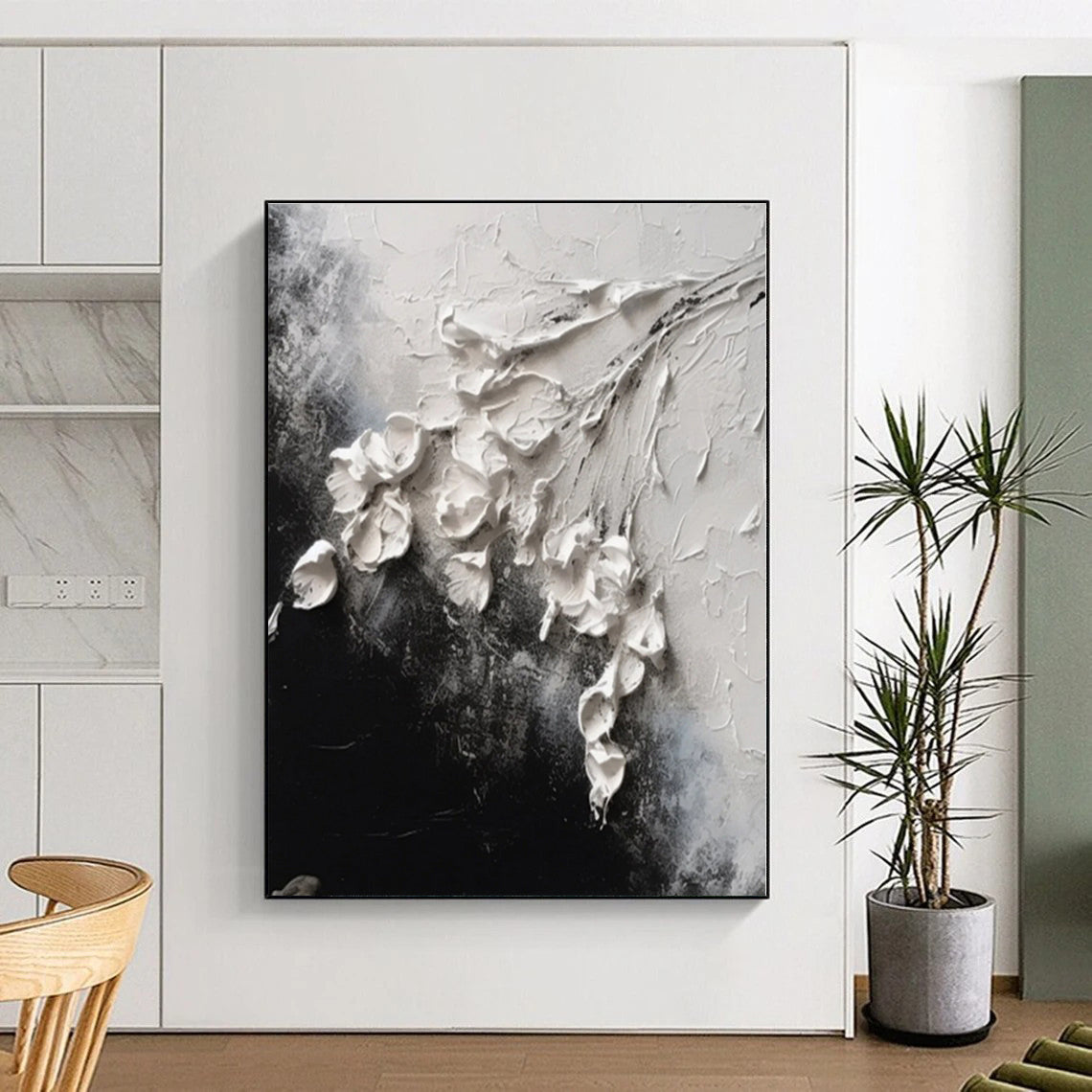 “White Flowers on Black Textured” - White, Black Abstract Textured Floral Painting On Canvas PS0580