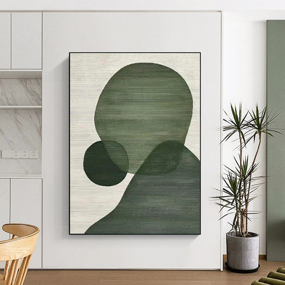 “Green Geometric Shapes” - Green, White Abstract Geometric Painting On Canvas PS0593