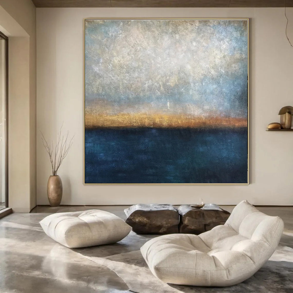 Blue, Gray, Gold, Brown with Gradient Layers "Coastal Dusk" Abstract Painting On Canvas PS1441