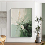 “Green - White Floral Impasto” - Green, White, Black Abstract Floral Painting On Canvas PS0624