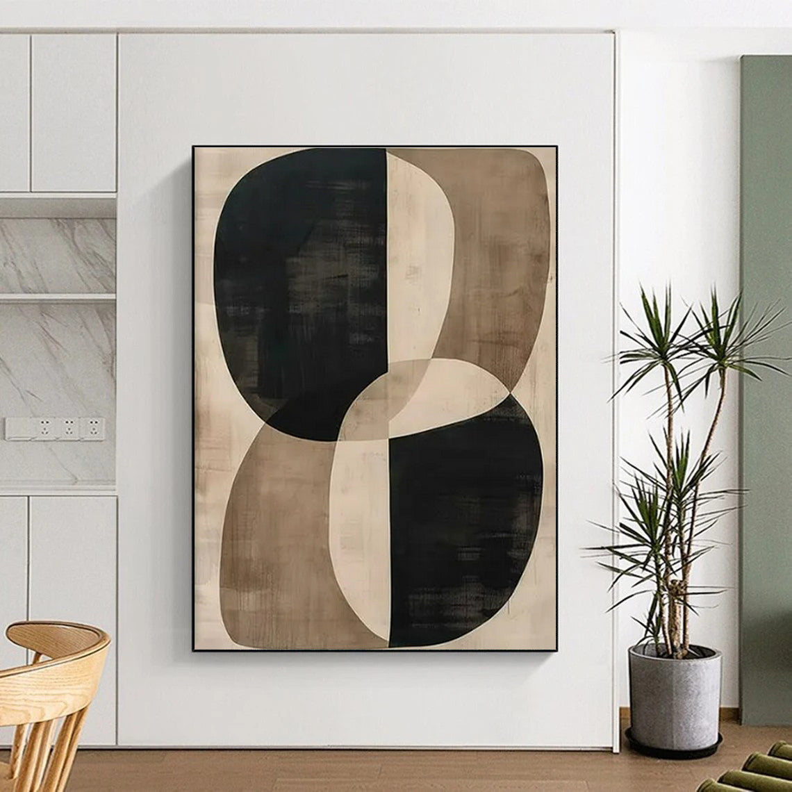 Black, Beige & Brown Geometric Abstract "Organic Forms" Painting On Canvas PS0865